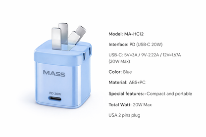 Blue power adapter with technical specifications on a white background