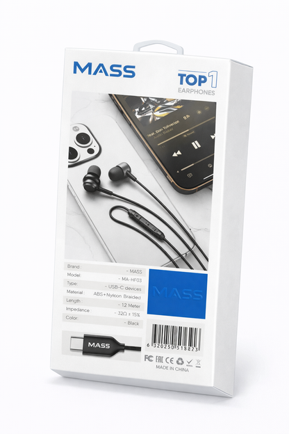 Mass Type C Earphones Model: MA-HF03 In-ear Headphones with Microphone, Nylon Braided Wired Earphones (Black) for iPhone 17/16 Plus/15 Pro/15 Pro Max Samsung S25/S24/S23 Ultra, S22/S22 Ultra, S21, A07, Redmi Note 15/14 Pro, Oneplus - 1 Year Local Warranty