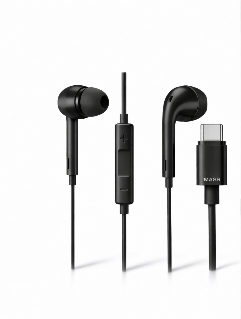 Mass Type C Earphones Model: MA-HF03 In-ear Headphones with Microphone, Nylon Braided Wired Earphones (Black) for iPhone 17/16 Plus/15 Pro/15 Pro Max Samsung S25/S24/S23 Ultra, S22/S22 Ultra, S21, A07, Redmi Note 15/14 Pro, Oneplus - 1 Year Local Warranty
