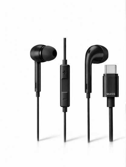 Mass Type C Earphones Model: MA-HF03 In-ear Headphones with Microphone, Nylon Braided Wired Earphones (Black) for iPhone 17/16 Plus/15 Pro/15 Pro Max Samsung S25/S24/S23 Ultra, S22/S22 Ultra, S21, A07, Redmi Note 15/14 Pro, Oneplus - 1 Year Local Warranty