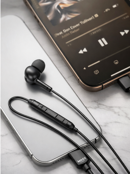 Mass Type C Earphones Model: MA-HF03 In-ear Headphones with Microphone, Nylon Braided Wired Earphones (Black) for iPhone 17/16 Plus/15 Pro/15 Pro Max Samsung S25/S24/S23 Ultra, S22/S22 Ultra, S21, A07, Redmi Note 15/14 Pro, Oneplus - 1 Year Local Warranty