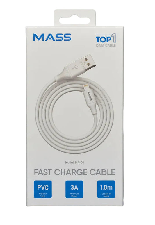 White fast charge cable with USB connector on a gray background, featuring the brand 'MASS'.