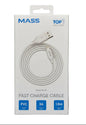 White fast charge cable with USB connector on a gray background, featuring the brand 'MASS'.