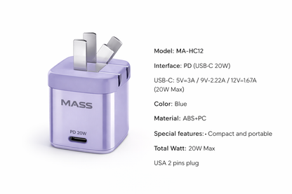 Mass USB-C Charger 20W Fast Charger with Foldable Plug, Model: MA-HC12 PowerPort III 20W Cube Charger for iPhone 14/14 Plus/14 Pro/14 Pro Max/13, Galaxy, Pixel 4/3, iPad/iPad Mini, Blue - 1 Year Local Warranty