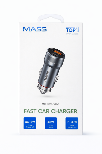 شاحن سيارة سريع من ماس، ثنائي المنفذ PD 30W، QC 18W، شحن سريع موديل: MA-Car01 للهواتف الذكية والأجهزة اللوحية، أسود - ضمان محلي لمدة عام
