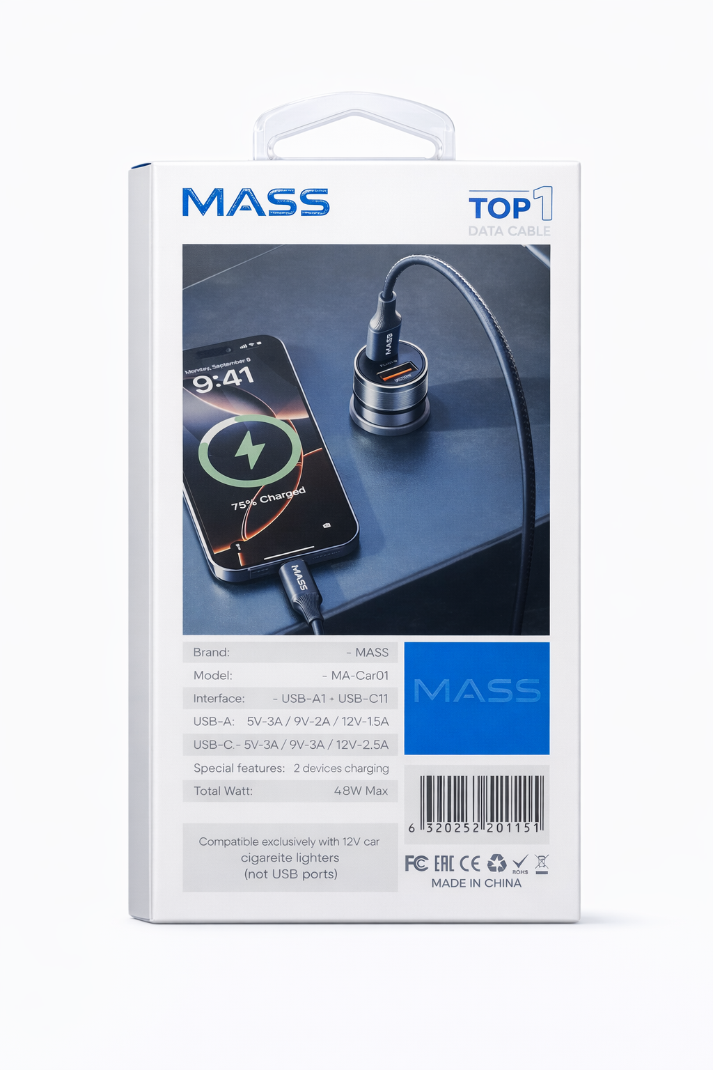 شاحن سيارة سريع من ماس، ثنائي المنفذ PD 30W، QC 18W، شحن سريع موديل: MA-Car01 للهواتف الذكية والأجهزة اللوحية، أسود - ضمان محلي لمدة عام