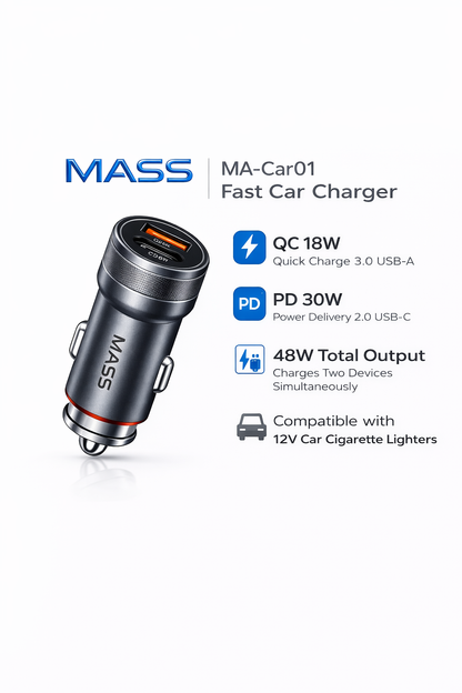 شاحن سيارة سريع من ماس، ثنائي المنفذ PD 30W، QC 18W، شحن سريع موديل: MA-Car01 للهواتف الذكية والأجهزة اللوحية، أسود - ضمان محلي لمدة عام