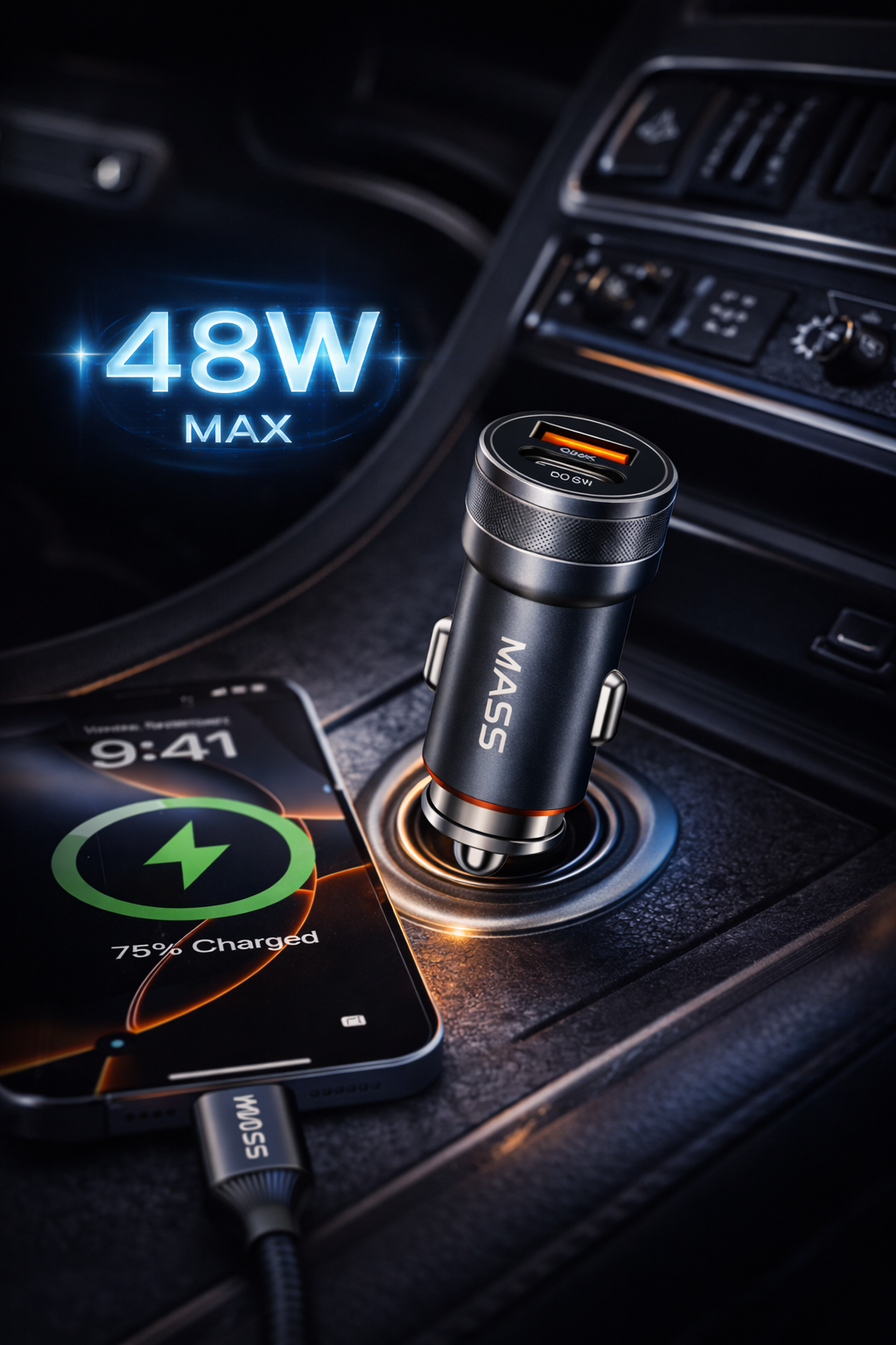 شاحن سيارة سريع من ماس، ثنائي المنفذ PD 30W، QC 18W، شحن سريع موديل: MA-Car01 للهواتف الذكية والأجهزة اللوحية، أسود - ضمان محلي لمدة عام