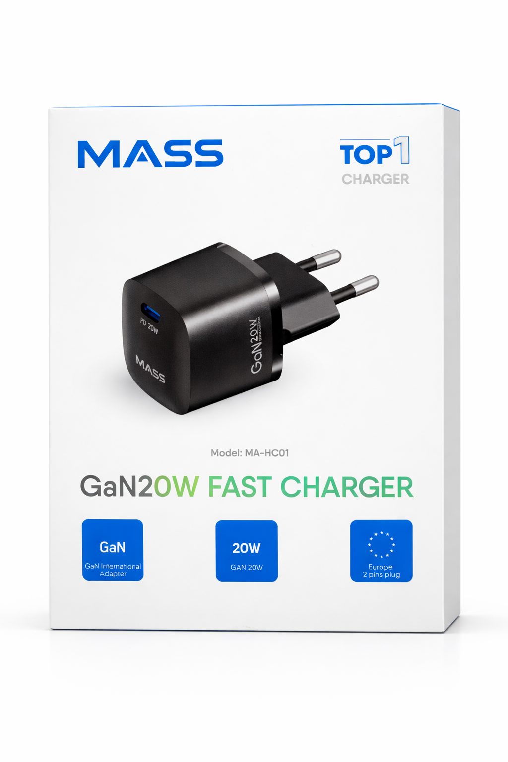 شاحن جداري Mass MA-HC01 بقدرة 20 وات بتقنية GaN ومنفذ USB-C – شحن سريع بتقنية توصيل الطاقة (PD 3.0)، صغير الحجم للغاية ومحمول، أسود | ضمان 12 شهرًا