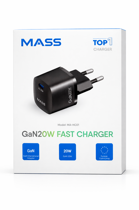 شاحن جداري Mass MA-HC01 بقدرة 20 وات بتقنية GaN ومنفذ USB-C – شحن سريع بتقنية توصيل الطاقة (PD 3.0)، صغير الحجم للغاية ومحمول، أسود | ضمان 12 شهرًا