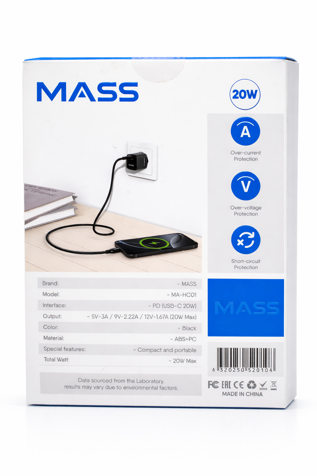 شاحن جداري Mass MA-HC01 بقدرة 20 وات بتقنية GaN ومنفذ USB-C – شحن سريع بتقنية توصيل الطاقة (PD 3.0)، صغير الحجم للغاية ومحمول، أسود | ضمان 12 شهرًا
