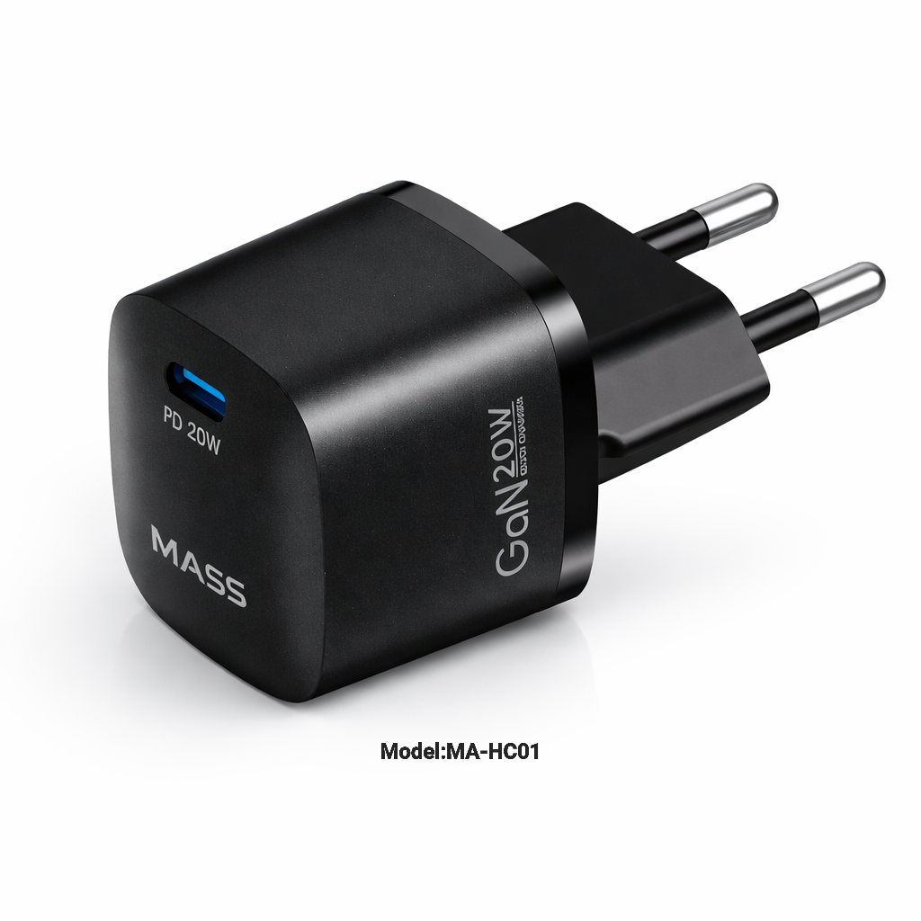 شاحن جداري Mass MA-HC01 بقدرة 20 وات بتقنية GaN ومنفذ USB-C – شحن سريع بتقنية توصيل الطاقة (PD 3.0)، صغير الحجم للغاية ومحمول، أسود | ضمان 12 شهرًا