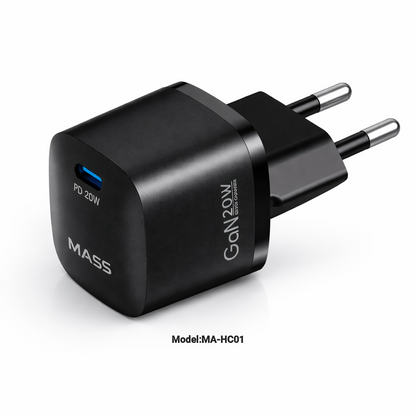 شاحن جداري Mass MA-HC01 بقدرة 20 وات بتقنية GaN ومنفذ USB-C – شحن سريع بتقنية توصيل الطاقة (PD 3.0)، صغير الحجم للغاية ومحمول، أسود | ضمان 12 شهرًا