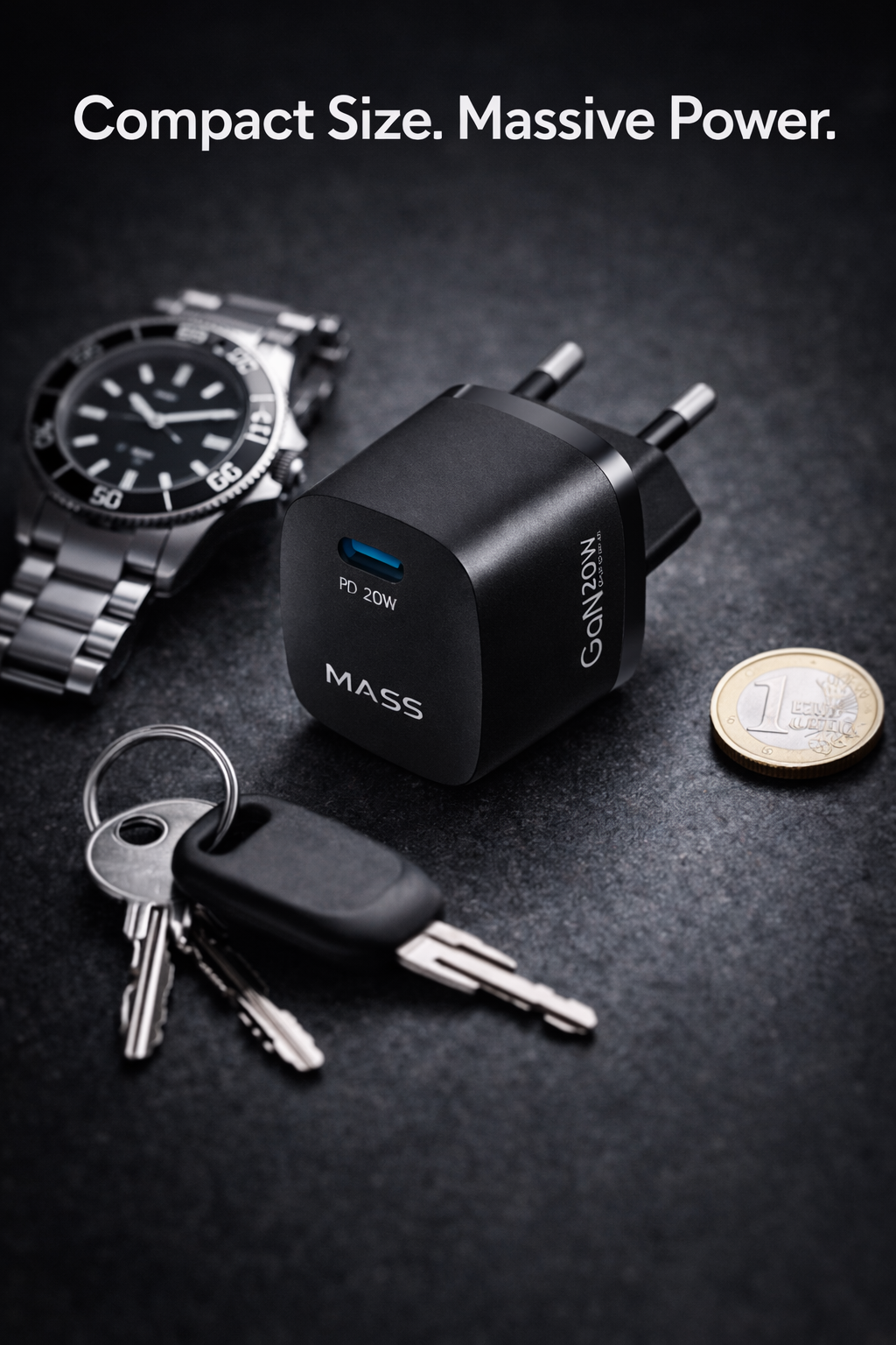 شاحن جداري Mass MA-HC01 بقدرة 20 وات بتقنية GaN ومنفذ USB-C – شحن سريع بتقنية توصيل الطاقة (PD 3.0)، صغير الحجم للغاية ومحمول، أسود | ضمان 12 شهرًا