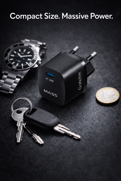 شاحن جداري Mass MA-HC01 بقدرة 20 وات بتقنية GaN ومنفذ USB-C – شحن سريع بتقنية توصيل الطاقة (PD 3.0)، صغير الحجم للغاية ومحمول، أسود | ضمان 12 شهرًا