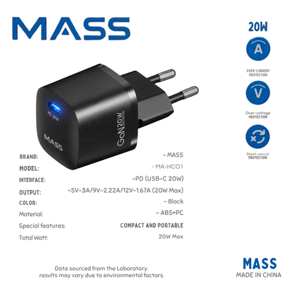شاحن جداري Mass MA-HC01 بقدرة 20 وات بتقنية GaN ومنفذ USB-C – شحن سريع بتقنية توصيل الطاقة (PD 3.0)، صغير الحجم للغاية ومحمول، أسود | ضمان 12 شهرًا