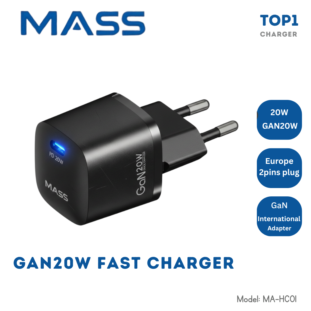 شاحن جداري Mass MA-HC01 بقدرة 20 وات بتقنية GaN ومنفذ USB-C – شحن سريع بتقنية توصيل الطاقة (PD 3.0)، صغير الحجم للغاية ومحمول، أسود | ضمان 12 شهرًا