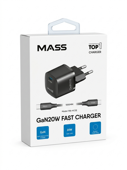 شاحن جداري ذكي سريع جان ميني PD بقدرة 20 وات من ماس MA-HC02 مع كابل USB-C إلى USB-C بطول 1 متر، لون أسود | ضمان 12 شهرًا