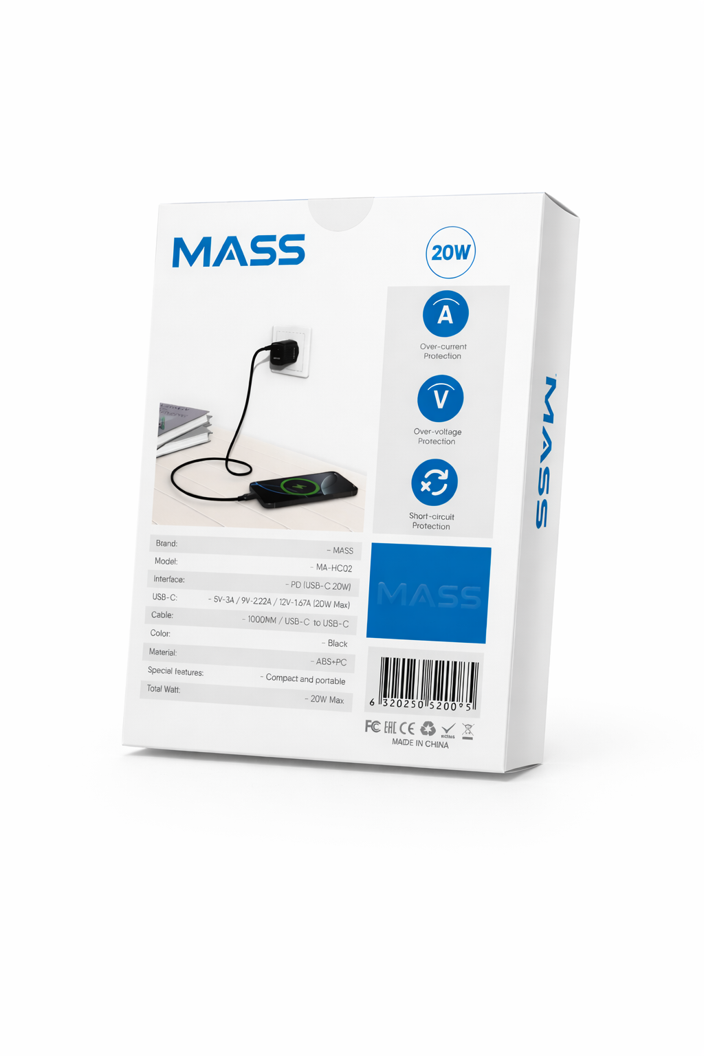 شاحن جداري ذكي سريع جان ميني PD بقدرة 20 وات من ماس MA-HC02 مع كابل USB-C إلى USB-C بطول 1 متر، لون أسود | ضمان 12 شهرًا