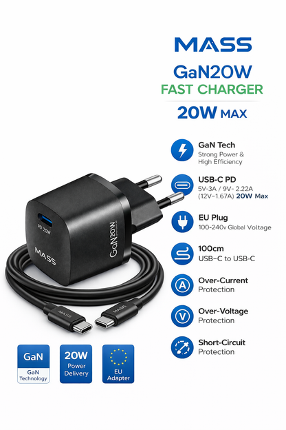 شاحن جداري ذكي سريع جان ميني PD بقدرة 20 وات من ماس MA-HC02 مع كابل USB-C إلى USB-C بطول 1 متر، لون أسود | ضمان 12 شهرًا