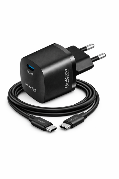 شاحن جداري ذكي سريع جان ميني PD بقدرة 20 وات من ماس MA-HC02 مع كابل USB-C إلى USB-C بطول 1 متر، لون أسود | ضمان 12 شهرًا