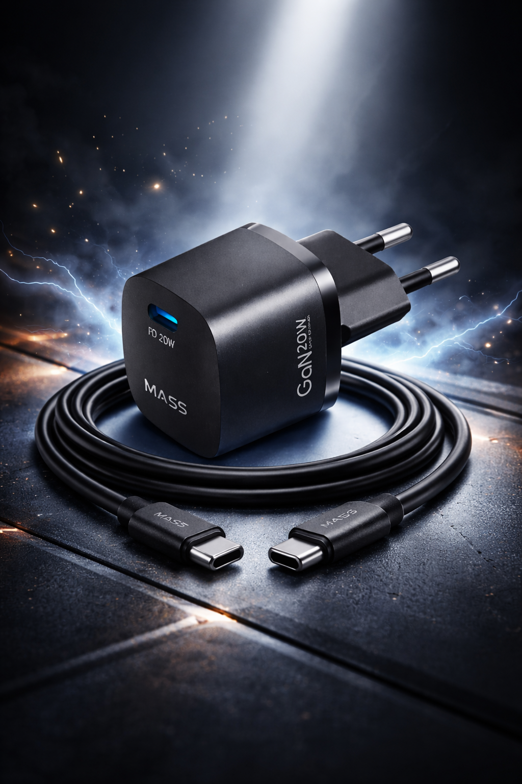 شاحن جداري ذكي سريع جان ميني PD بقدرة 20 وات من ماس MA-HC02 مع كابل USB-C إلى USB-C بطول 1 متر، لون أسود | ضمان 12 شهرًا