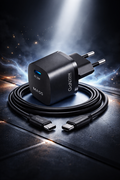 شاحن جداري ذكي سريع جان ميني PD بقدرة 20 وات من ماس MA-HC02 مع كابل USB-C إلى USB-C بطول 1 متر، لون أسود | ضمان 12 شهرًا