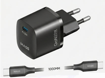شاحن جداري ذكي سريع جان ميني PD بقدرة 20 وات من ماس MA-HC02 مع كابل USB-C إلى USB-C بطول 1 متر، لون أسود | ضمان 12 شهرًا