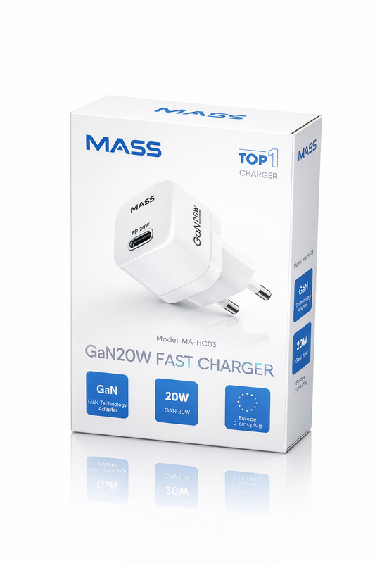 شاحن سريع ذكي مصغر MA-HC03 PD 20W GaN من Mass، أبيض | ضمان 12 شهرًا