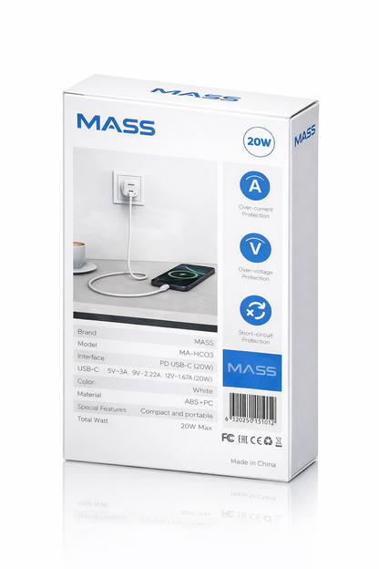 شاحن سريع ذكي مصغر MA-HC03 PD 20W GaN من Mass، أبيض | ضمان 12 شهرًا