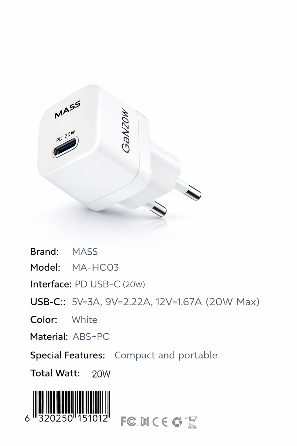 شاحن سريع ذكي مصغر MA-HC03 PD 20W GaN من Mass، أبيض | ضمان 12 شهرًا