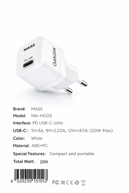 شاحن سريع ذكي مصغر MA-HC03 PD 20W GaN من Mass، أبيض | ضمان 12 شهرًا