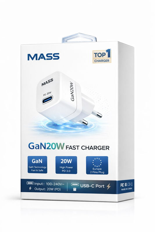 شاحن سريع ذكي صغير Mass MA-HC04 PD 20W GAN بمقبس أوروبي مع كابل USB-C إلى USB-C بطول 1 متر، لون أبيض | ضمان 12 شهرًا