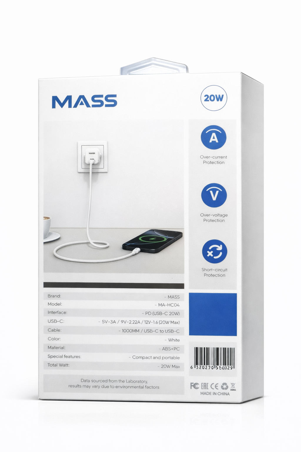 شاحن سريع ذكي صغير Mass MA-HC04 PD 20W GAN بمقبس أوروبي مع كابل USB-C إلى USB-C بطول 1 متر، لون أبيض | ضمان 12 شهرًا