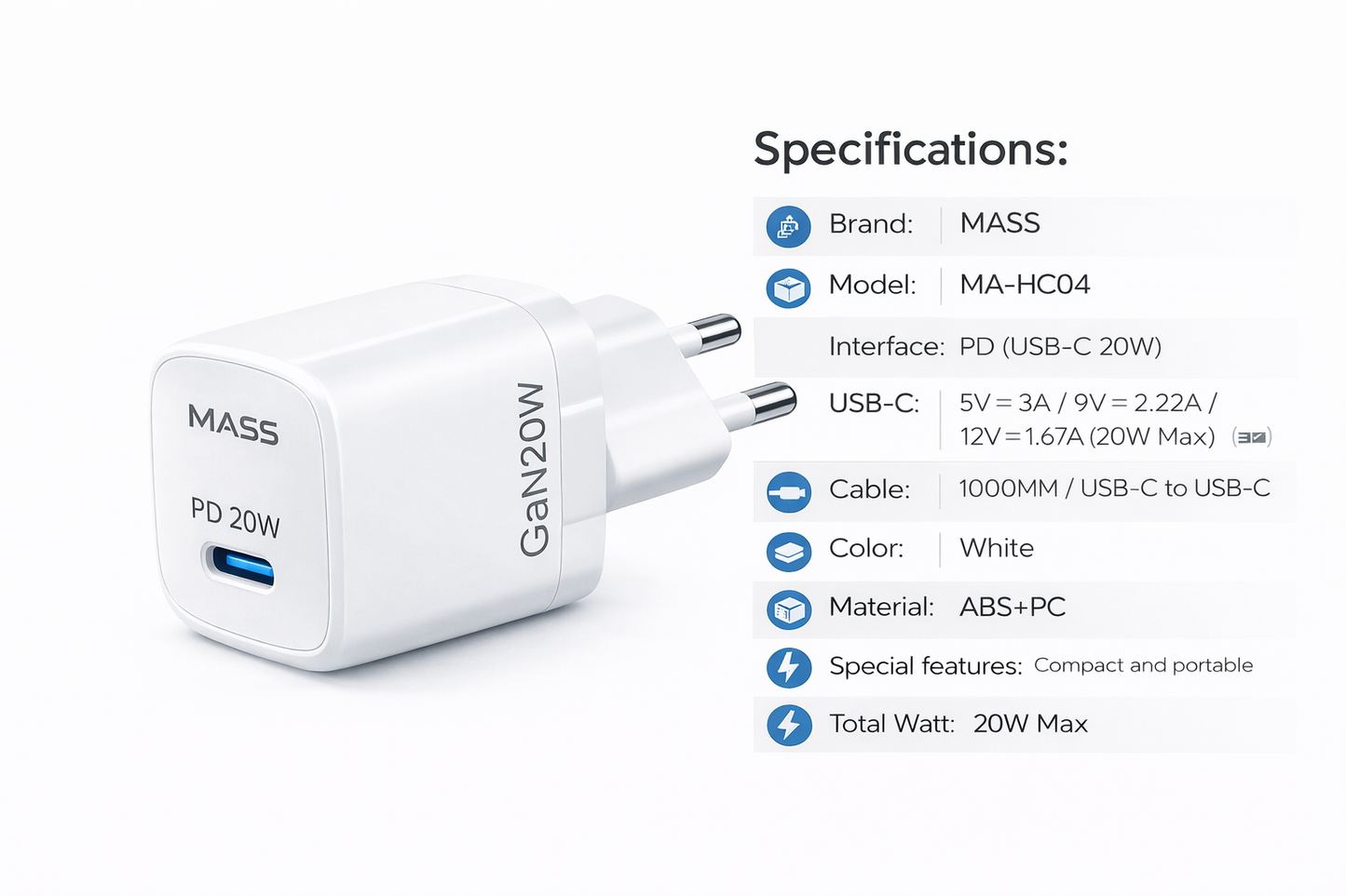 شاحن سريع ذكي صغير Mass MA-HC04 PD 20W GAN بمقبس أوروبي مع كابل USB-C إلى USB-C بطول 1 متر، لون أبيض | ضمان 12 شهرًا