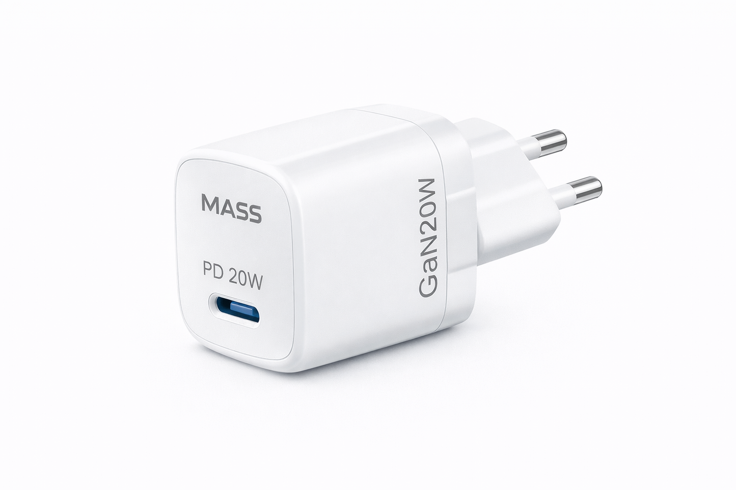 شاحن سريع ذكي صغير Mass MA-HC04 PD 20W GAN بمقبس أوروبي مع كابل USB-C إلى USB-C بطول 1 متر، لون أبيض | ضمان 12 شهرًا