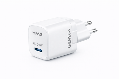 شاحن سريع ذكي صغير Mass MA-HC04 PD 20W GAN بمقبس أوروبي مع كابل USB-C إلى USB-C بطول 1 متر، لون أبيض | ضمان 12 شهرًا