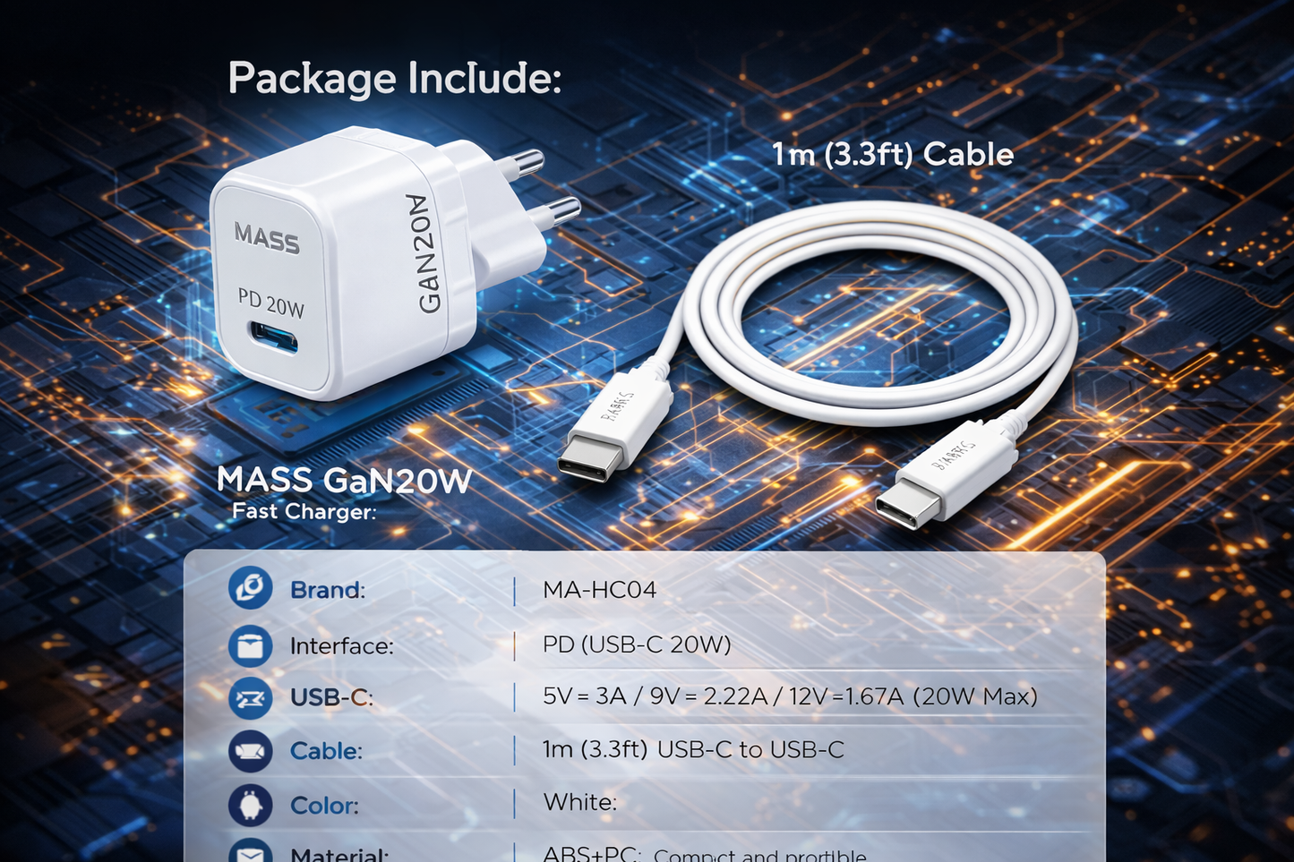 شاحن سريع ذكي صغير Mass MA-HC04 PD 20W GAN بمقبس أوروبي مع كابل USB-C إلى USB-C بطول 1 متر، لون أبيض | ضمان 12 شهرًا