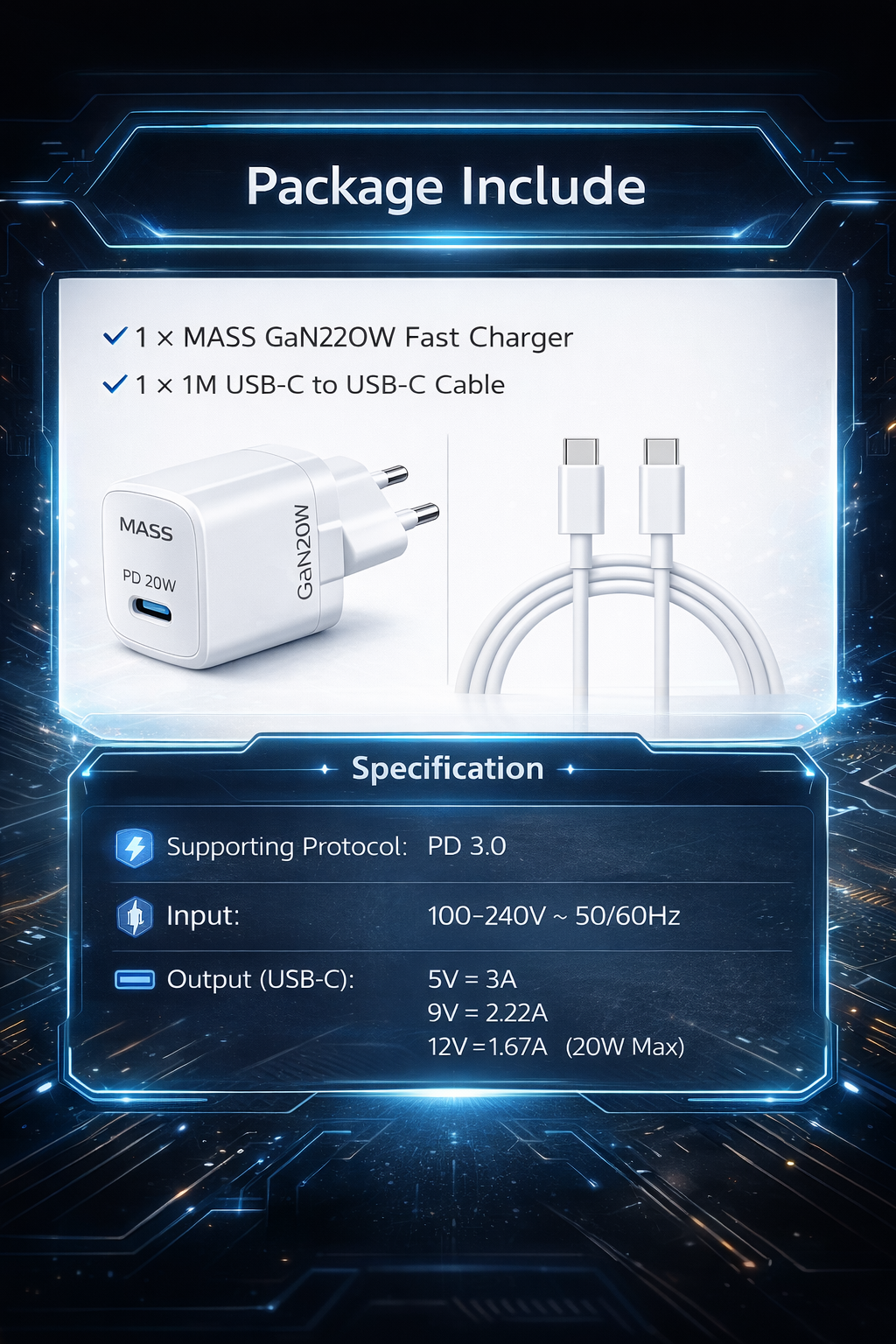 شاحن سريع ذكي صغير Mass MA-HC04 PD 20W GAN بمقبس أوروبي مع كابل USB-C إلى USB-C بطول 1 متر، لون أبيض | ضمان 12 شهرًا