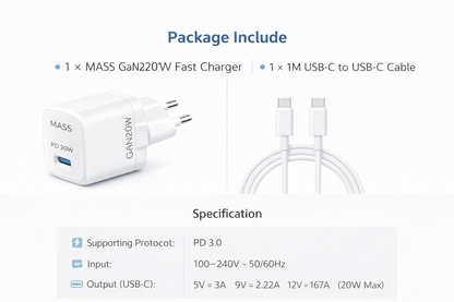 شاحن سريع ذكي صغير Mass MA-HC04 PD 20W GAN بمقبس أوروبي مع كابل USB-C إلى USB-C بطول 1 متر، لون أبيض | ضمان 12 شهرًا