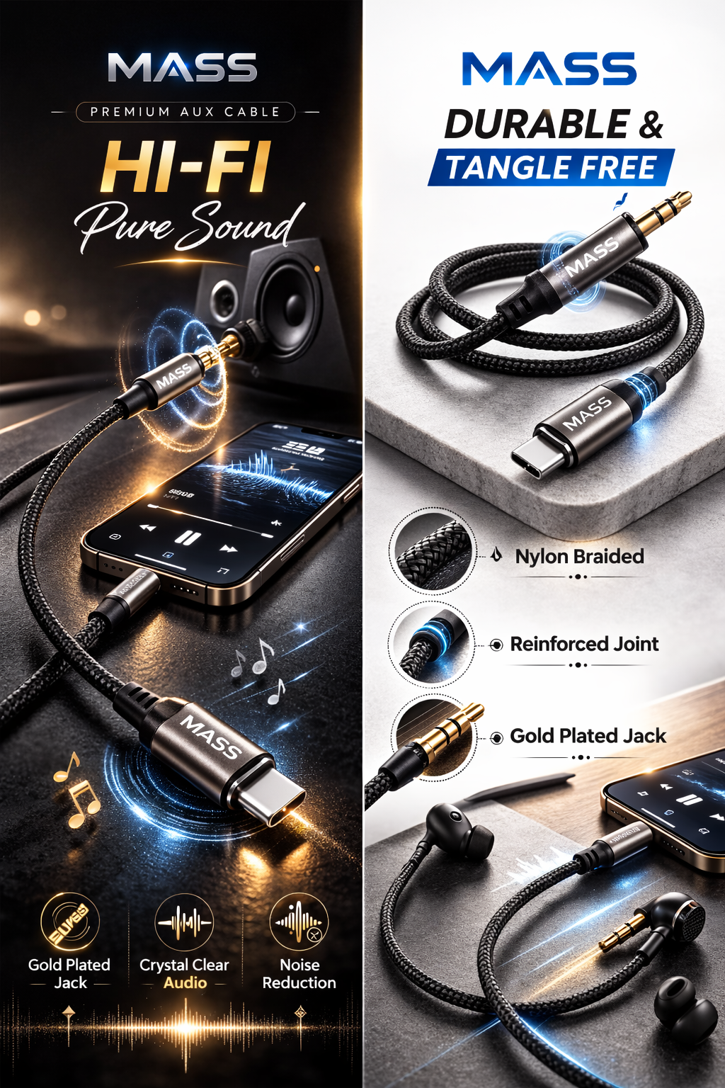 محول قابس سماعة رأس من نوع USB-C رقمي إلى 3.5 ملم ذكر، محول صوت Aux ذكر طراز: MA-AUX01 يناسب الهواتف الذكية المختلفة، مضفر بالنايلون، أسود - ضمان محلي لمدة عام