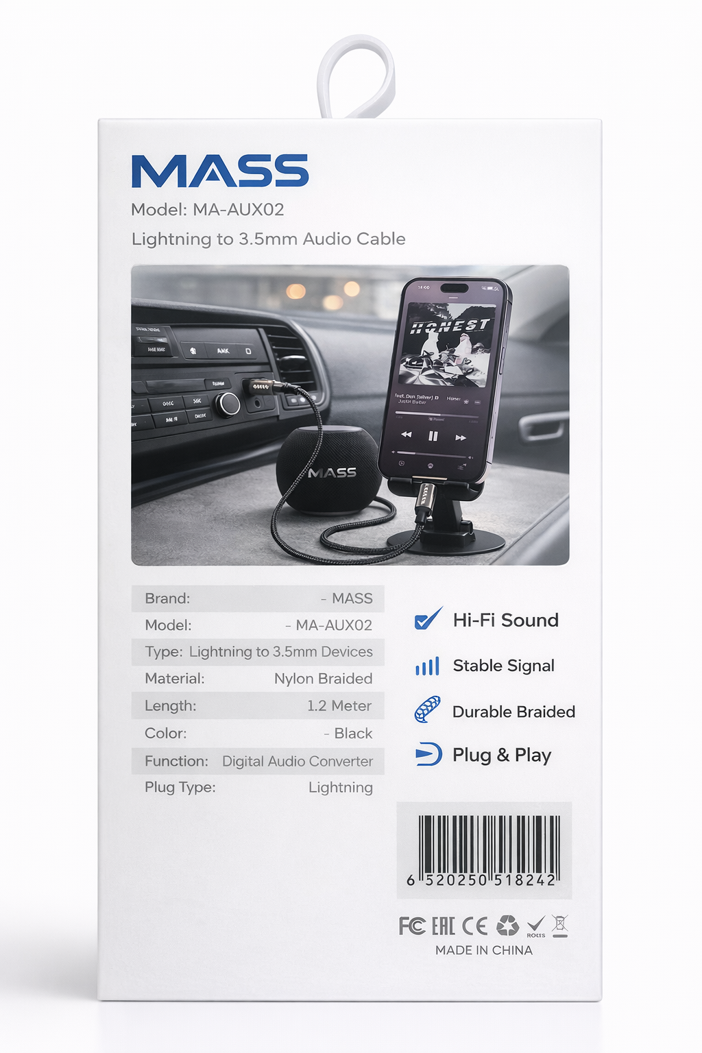 محول مقبس سماعة رأس Mass Lightning رقمي إلى 3.5 ملم ذكر، محول دونجل صوتي ذكر Aux طراز: MA-AUX02 يناسب مختلف الهواتف الذكية، مضفر بالنايلون - أسود - ضمان محلي لمدة سنة واحدة
