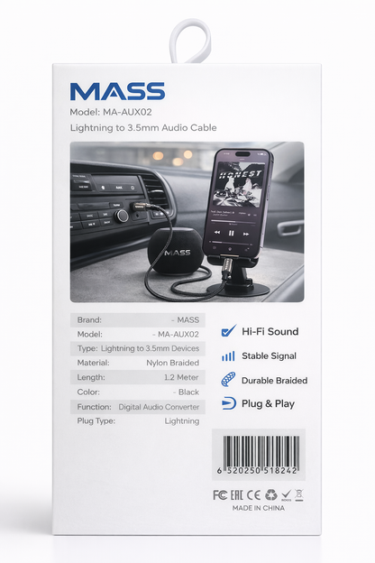 محول مقبس سماعة رأس Mass Lightning رقمي إلى 3.5 ملم ذكر، محول دونجل صوتي ذكر Aux طراز: MA-AUX02 يناسب مختلف الهواتف الذكية، مضفر بالنايلون - أسود - ضمان محلي لمدة سنة واحدة