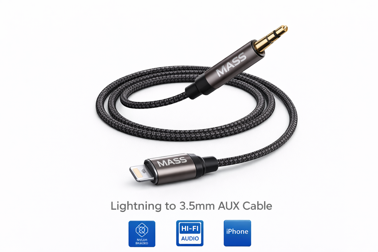 محول مقبس سماعة رأس Mass Lightning رقمي إلى 3.5 ملم ذكر، محول دونجل صوتي ذكر Aux طراز: MA-AUX02 يناسب مختلف الهواتف الذكية، مضفر بالنايلون - أسود - ضمان محلي لمدة سنة واحدة