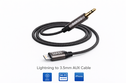 محول مقبس سماعة رأس Mass Lightning رقمي إلى 3.5 ملم ذكر، محول دونجل صوتي ذكر Aux طراز: MA-AUX02 يناسب مختلف الهواتف الذكية، مضفر بالنايلون - أسود - ضمان محلي لمدة سنة واحدة