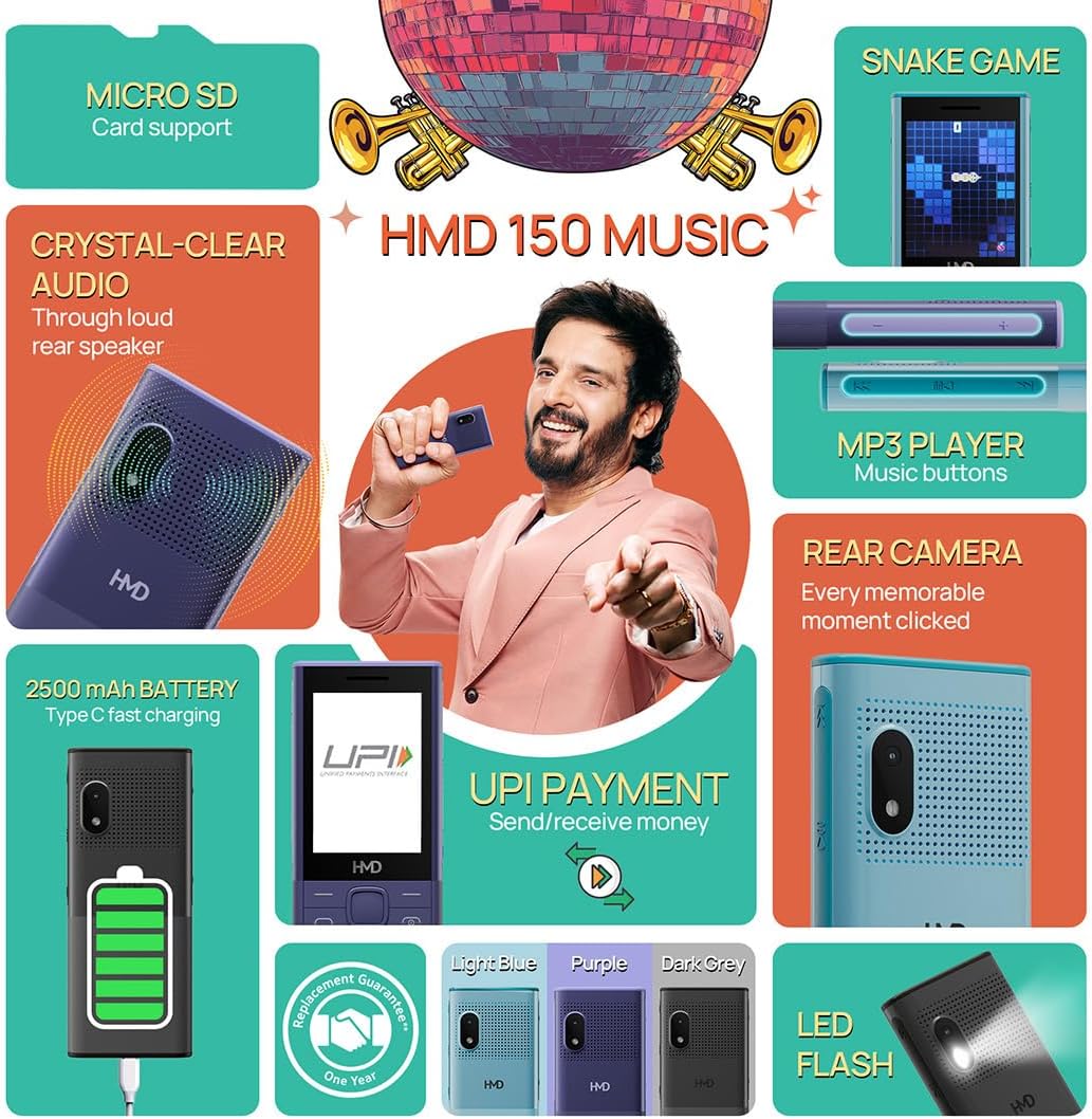 NOKIA HMD 150 Music | Built-in Powerful Loud Speaker & Dedicated Music Buttons | Music Player and Wireless FM Radio | 2500 mAh Battery & Type C Fast Charger | Built-in UPI App with Scan & Pay