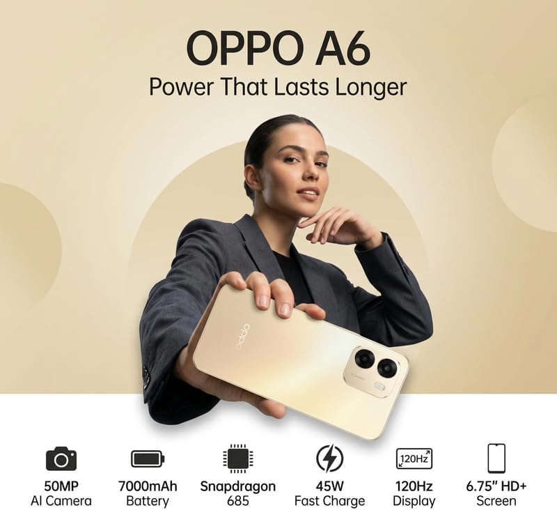 هاتف ذكي OPPO A6 4G بذاكرة 128 جيجابايت و 4 جيجابايت رام، ثنائي الشريحة مفتوح، شاشة HD+ LCD بحجم 6.75 بوصة ومعدل تحديث 120 هرتز، معالج Snapdragon 685، كاميرا مزدوجة 50 ميجابكسل، بطارية تدوم طوال اليوم، ColorOS 15، بصمة إصبع جانبية