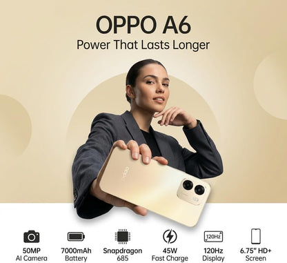 هاتف ذكي OPPO A6 4G بذاكرة 128 جيجابايت و 4 جيجابايت رام، ثنائي الشريحة مفتوح، شاشة HD+ LCD بحجم 6.75 بوصة ومعدل تحديث 120 هرتز، معالج Snapdragon 685، كاميرا مزدوجة 50 ميجابكسل، بطارية تدوم طوال اليوم، ColorOS 15، بصمة إصبع جانبية