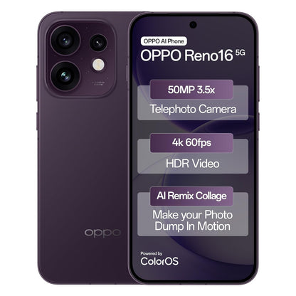 Oppo Reno16 5G (12GB, 256GB) | 50MP 3.5X Telephoto Camera | 4K 60fps HDR Video | AI Remix Collage | Snapdragon 7 Gen 4 | 6700mAh 80W SUPERVOOC | ColorOS 16 | IP69K - 14 Months Local Warranty