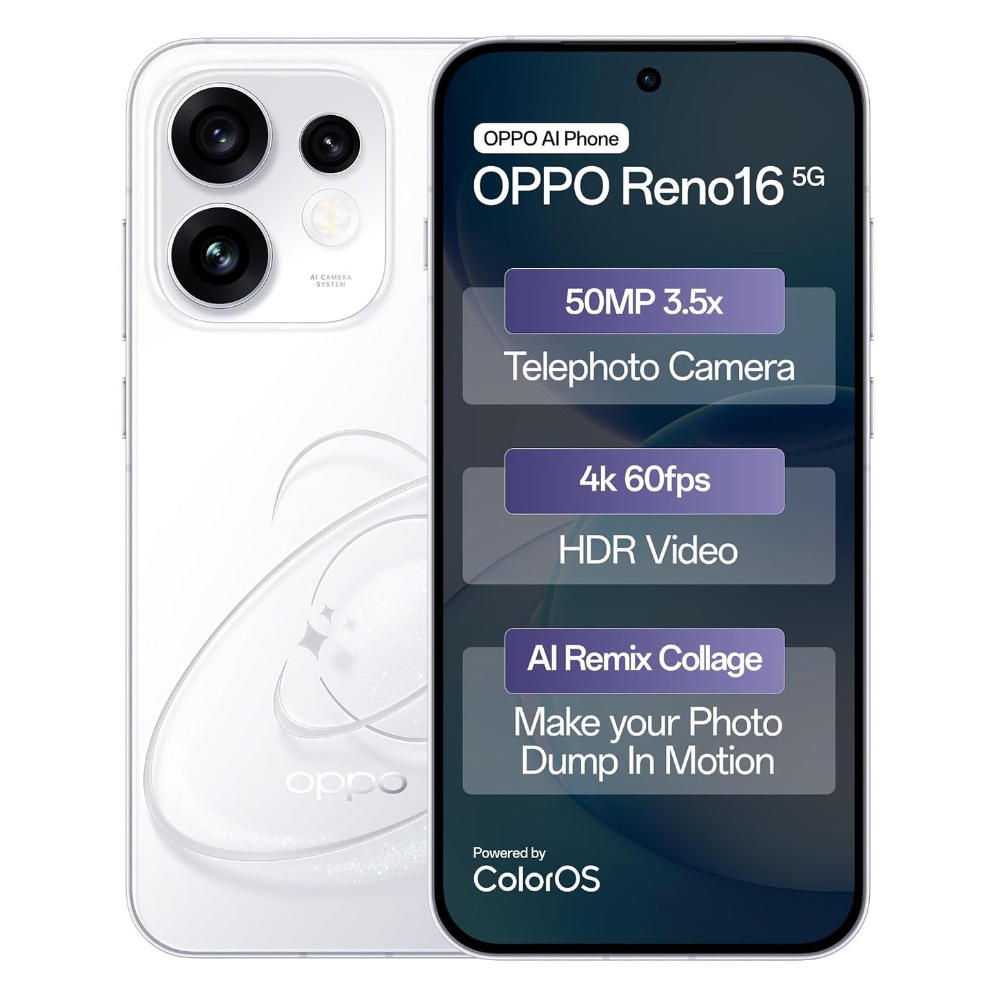 Oppo Reno16 5G (12GB, 256GB) | 50MP 3.5X Telephoto Camera | 4K 60fps HDR Video | AI Remix Collage | Snapdragon 7 Gen 4 | 6700mAh 80W SUPERVOOC | ColorOS 16 | IP69K - 14 Months Local Warranty